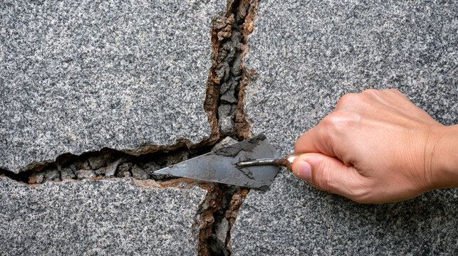 Hand Holding Small Trowel Repairing Large Crack On Concrete Wall

