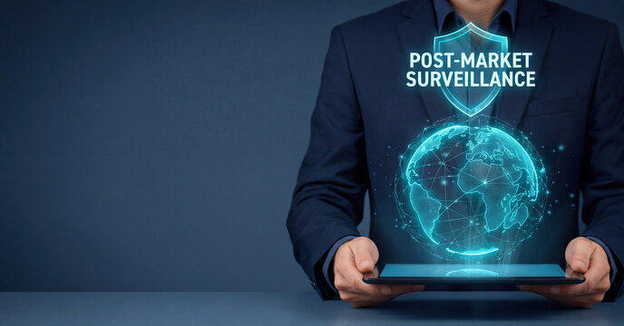 Post-market surveillance concept displayed by businessman holding digital tablet with glowing blue globe and protective shield icon holographic visualization
