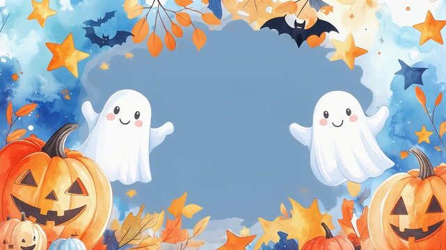 ハロウィンの水彩画風イラストが動く背景動画素材　ジャックオーランタンと可愛いお化けとコウモリが舞う秋のイベント用映像素材　メッセージの文字入れが可能な中央の広いスペースと鮮やかな色彩が特徴の横長動画素材