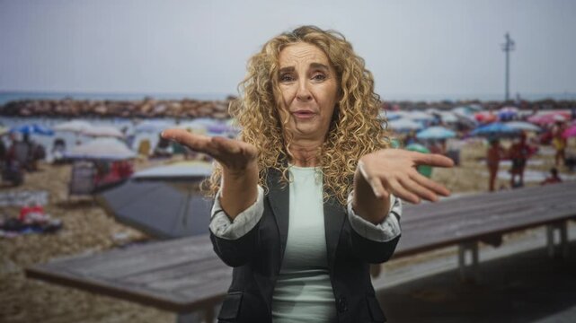 Woman middle aged blonde with outstretched palms pushing forward toward camera on crowded seaside beach boardwalk, defensive stop gesture and worried expression; concern.