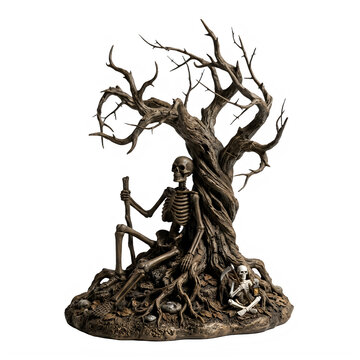 Halloween skeleton figure resting under dark tree, spooky resin garden decoration, macabre fantasy art, autumn decor, horror art piece isolated PNG with Transparent Background Halloween PNG