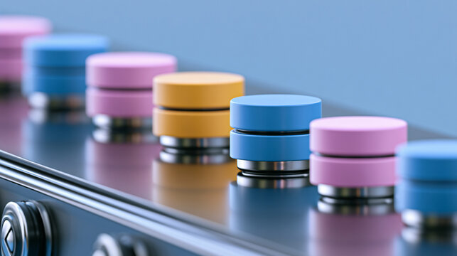 Colorful Round Pills Moving Along Automated Industrial Conveyor Belt

