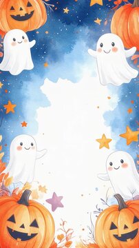 ハロウィンの夜に浮かぶ可愛いお化けとジャックオーランタン　水彩画風のタッチで描かれた星が揺れる演出の縦長ビデオ素材　中央に文字入れスペースを確保した季節のイベント告知や案内用背景映像素材