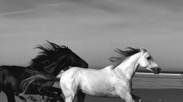 Black and white video of white horse and black horse galloping side by side on wet sandy beach shoreline with reflection