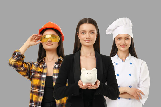 Young woman shows three professions in one space with outfits