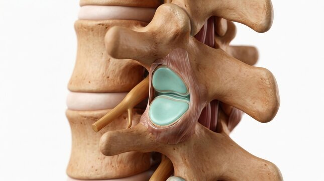 A detailed model shows tendon and ligament structures at the knee and shoulder joints alongside facet joint anatomy.