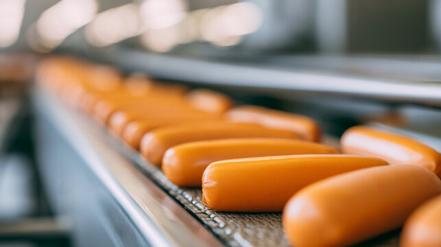 Sausages Moving Along Automated Industrial Factory Conveyor Line In Food Processing Plant

