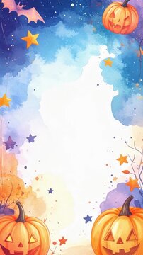 ハロウィンの夜にコウモリが飛び交いジャックオーランタンが浮かぶ水彩画風の装飾枠　文字入れ用の余白スペースがある背景映像素材　秋の季節感のあるファンタジックで幻想的な雰囲気の演出が可能な縦長ビデオ素材