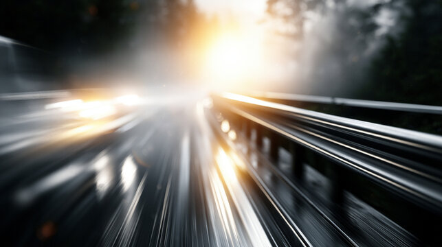 Metal Guardrail On Highway Road Edge At Sunset Light With Distant Traffic

