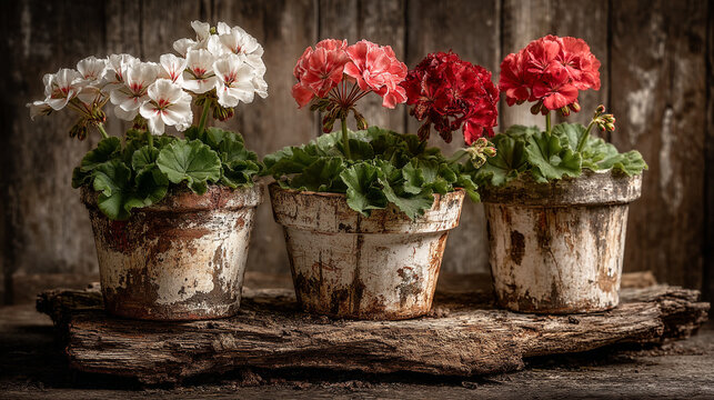 Colorful potted geranium flowers in weathered ceramic pots with still life geranium botanical