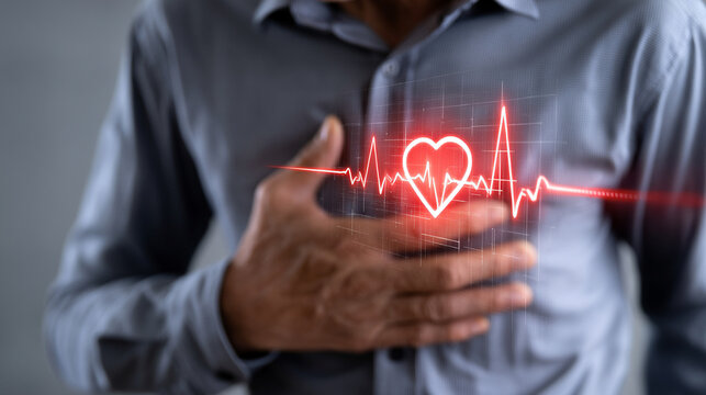 Man Holding Chest With Glowing Heart Icon Representing Heart Attack Pain

