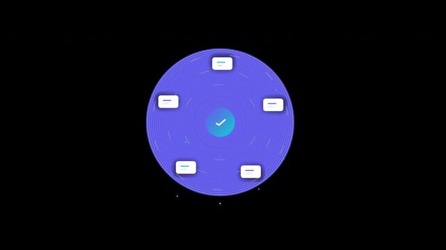 Abstract circular user interface design with central checkmark and surrounding menu buttons.