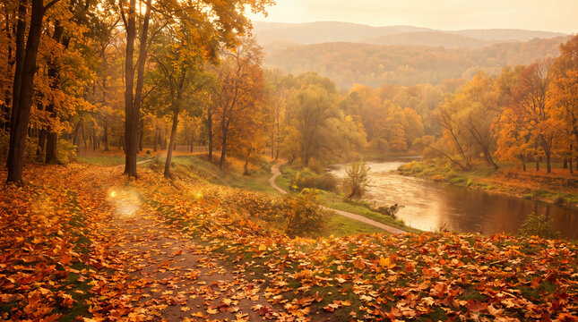Autumn equinox festival woodland path displays golden maple leaves under sunlight in a forest park for banner backgrounds and seasonal covers