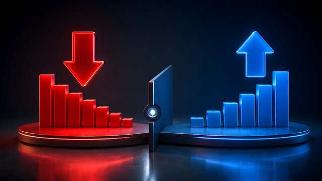 Red decreasing chart and blue increasing chart separated by central divider. Concept of stock market trading, and corporate financial performance.