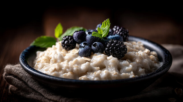 Creamy oatmeal porridge topped with fresh blueberries and blackberries porridge blueberries