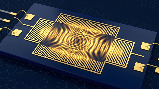 Surface acoustic wave SAW sensor microchip with interdigital transducers 3d render