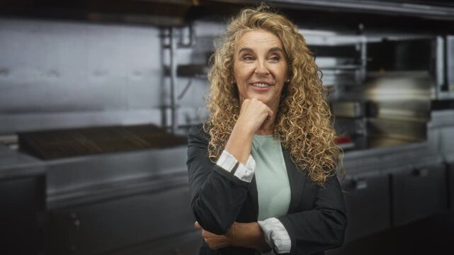 Woman with hand on chin and light smile, wearing blazer amid stainless steel appliances in a commercial kitchen; thoughtful reflection.