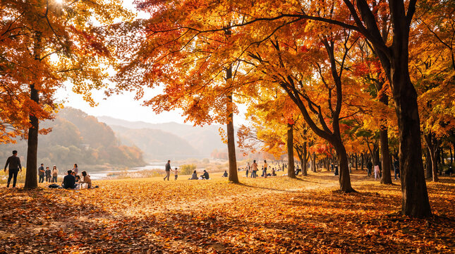 Autumn equinox festival sunset forest shows golden maple leaves glowing across a sunlit park for marketing posters and web backgrounds