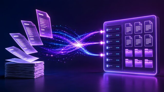 Paper documents transferring via glowing purple light streams into digital server. Concept of data migration, and electronic cloud storage management.