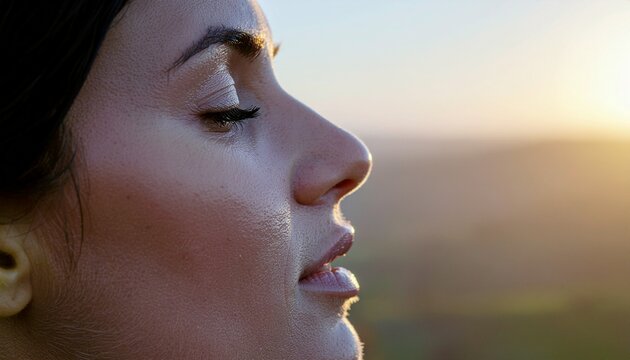 A cinematic close up portrait of a woman resting in the golden sunset light