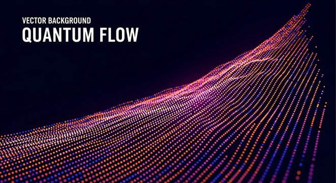 Quantum flow vector background, abstract digital particle wave with glowing orange and purple dots, futuristic data visualization for technology