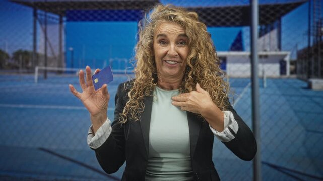 Middle age blonde woman holding a creditcard, hand raised to her chest in a presenting gesture while smiling on an outdoor tennis court under blue sky; surprise trust.