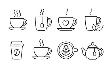 Obraz premium Coffee and Tea Outline Icon Set – Cup, Mug, Latte and Teapot Line Symbols