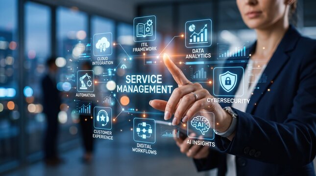 Businesswoman interacting with futuristic service management hologram, digital transformation featuring cloud integration, AI insights, and cybersecurity in modern office
