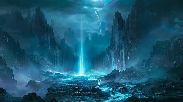 Otherworldly canyon with vivid blue waterfalls, lightning, and towering rock formations