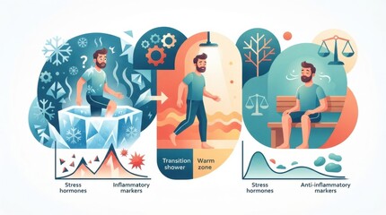 Fototapeta premium A man experiences various states of stress and relaxation, showing the impact of exposure therapy and mindfulness on mental health benefits.