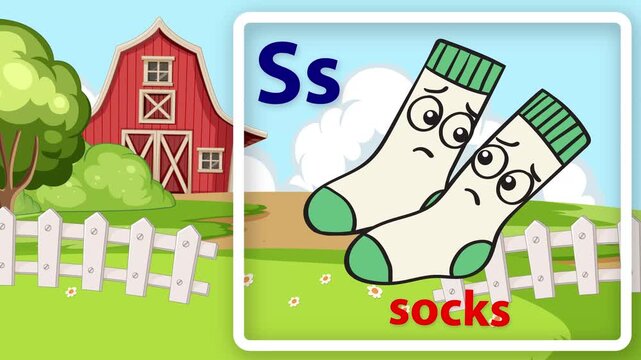 Animated Educational Flashcard for Letter S with Cartoon Socks and Farm Background