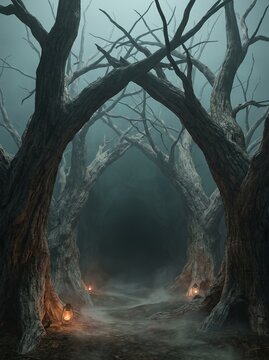 Skeletal Tree Archway Vertical Halloween CGI Background for Social Media Story Design