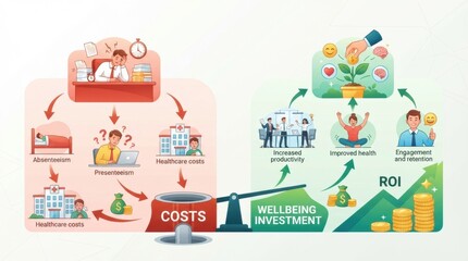 Fototapeta premium Visual representation highlights the impact of stress on employees and the benefits of investing in wellness programs for mental health.