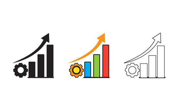 Modern business growth vector illustration featuring an upward arrow, bar chart, and gear icon to represent analytics, financial success, productivity, performance tracking, and strategic business dev
