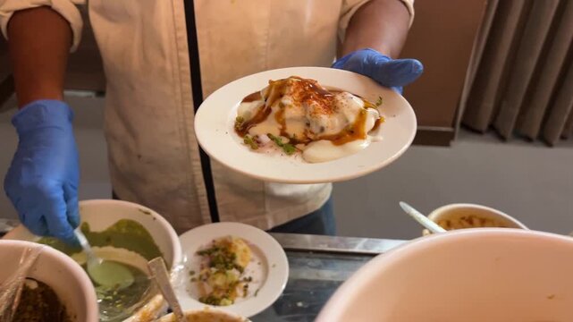 A dynamic close-up shot capturing a caterer freshly assembling crisp Dahi Papdi Chaat with chilled yogurt and tamarind chutney at a grand Indian wedding counter.