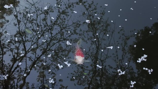 Koi fish surfacing beneath tree reflections with floating blossom sakura petals on calm pond.