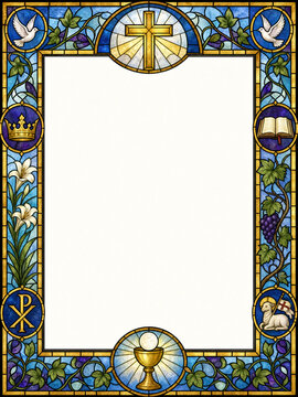 Stained glass frame border with cross doves and grapevine