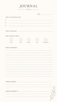 Blank journal template with gratitude list, mood tracker and thoughts
