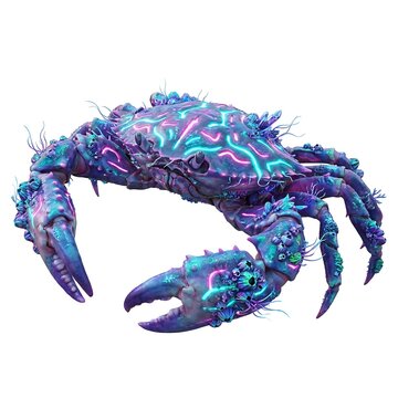 A bioluminescent fantasy crab with glowing neon patterns on its shell and claws, adorned with barnacles and coral, isolated on white background