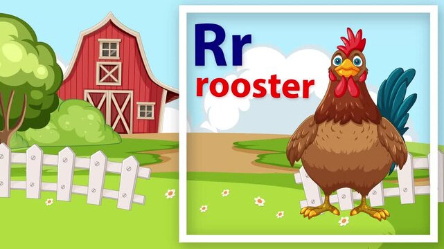 Educational Alphabet Animation Featuring Letter R and a Cartoon Rooster