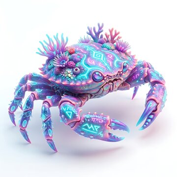 A surreal, bioluminescent crab with glowing neon patterns and corallike growths on its shell, isolated on white background