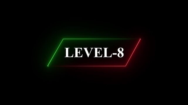 Glowing neon Level-08 text animation on black background. Game concept next level. Level Up text in the neon frame . Neon level up text animation .4k video