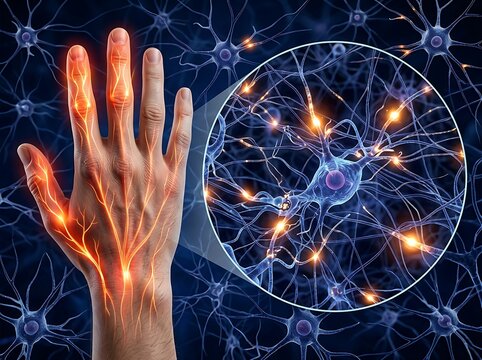 Conceptual illustration of human hand pain and nerve signaling with a magnified view of active neurons