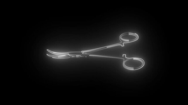 Glowing neon surgical clamp or hemostat icon 4k animation on black background,,,