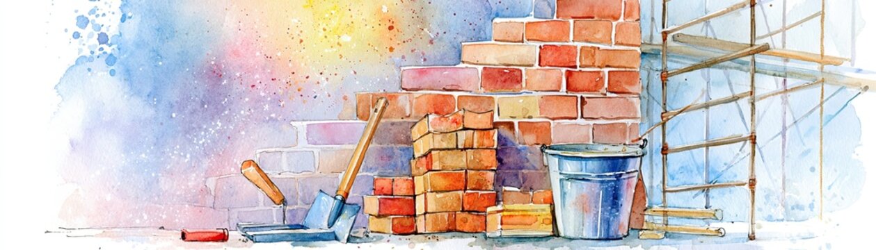 A watercolor painting showing bricklaying tools, a partially built brick wall, scaffolding, and a bucket against a colorful sky background.
