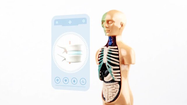 Anatomical model, medical interface, and AI-powered telemedicine app for digital spinal and disc herniation monitoring. Lumbar hernia diagnosis. White background.
