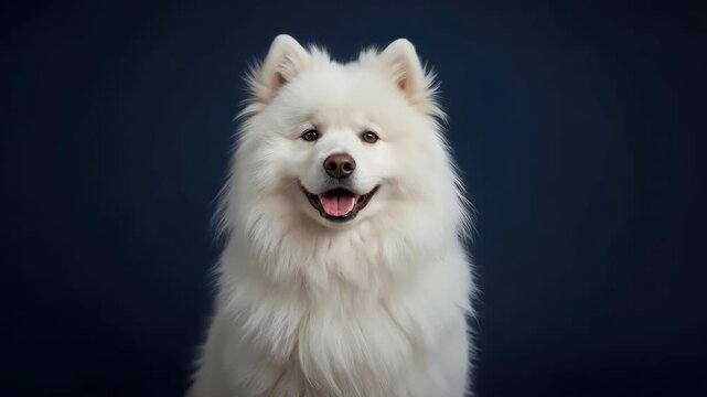 White fluffy dog portrait smiling on dark blue background, fluffy spitz pet animal portrait