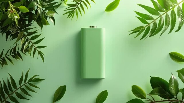 Green bottle with leaves on pastel background, minimal leaf frame, eco plant concept