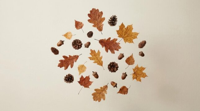 Circle of autumn leaves and pine cones on white.