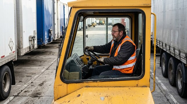 Yard jockey steering the spotter truck through a narrow trailer row &ndash; Logistics Yard Operations Stock Photo (Close-Up Detail)